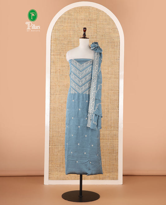 Blue grey vichitra crush material chudidar, thread & bead floral embroidery top, plain santoon bottom & floral thread embroidery dupatta
