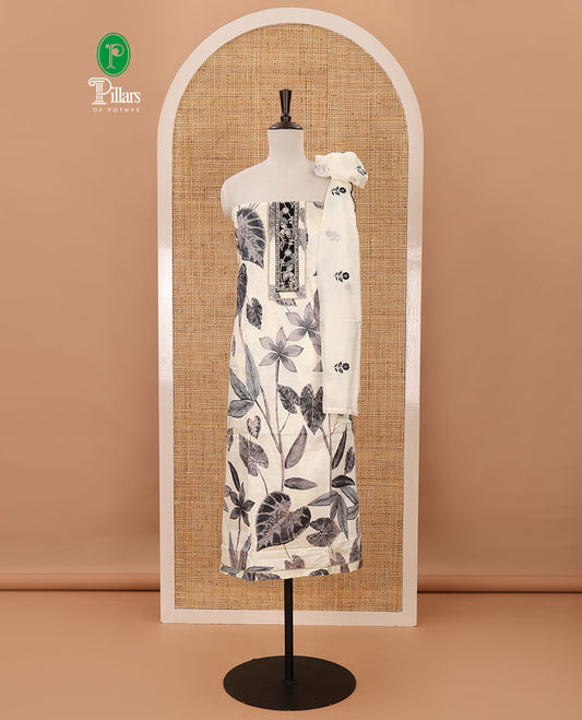 Cream material chudidar set, floral print & neck patch embroidery cotton top, plain bottom & floral motifs mul chanderi dupatta