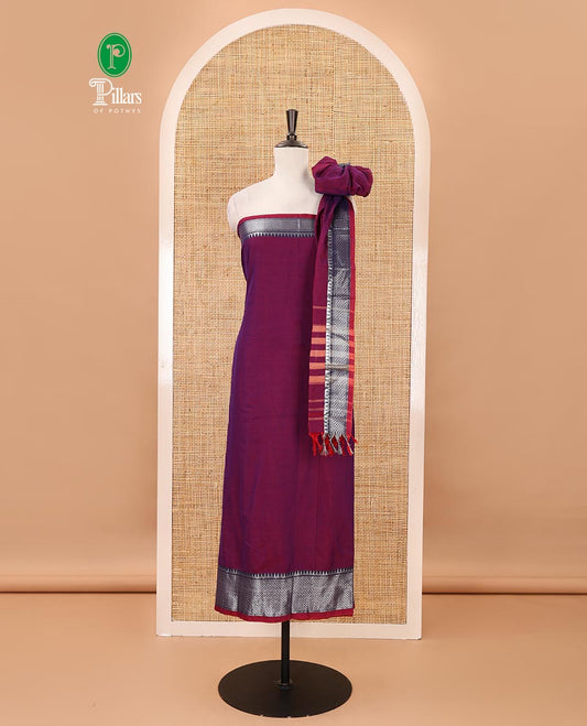 Magenta material chudidar set,traditional zari border mercerized cotton top, matching mercerized cotton bottom, & traditional border dupatta