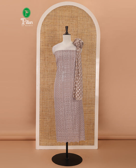 Pale brown material chudidar set,  floral, paisley & geometric schiffli embroidered georgette top & orginal mirror embroidered georgette dupatta