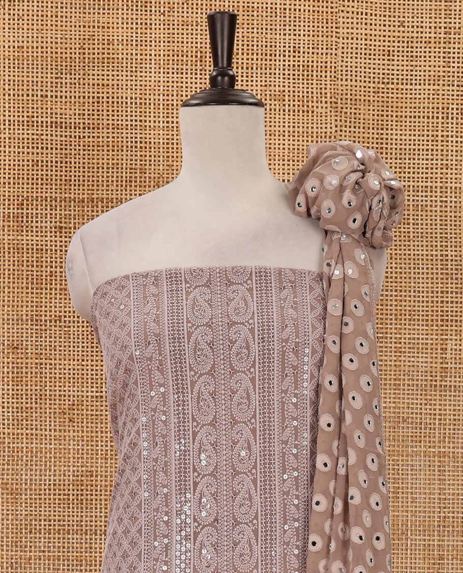 Pale brown material chudidar set,  floral, paisley & geometric schiffli embroidered georgette top & orginal mirror embroidered georgette dupatta