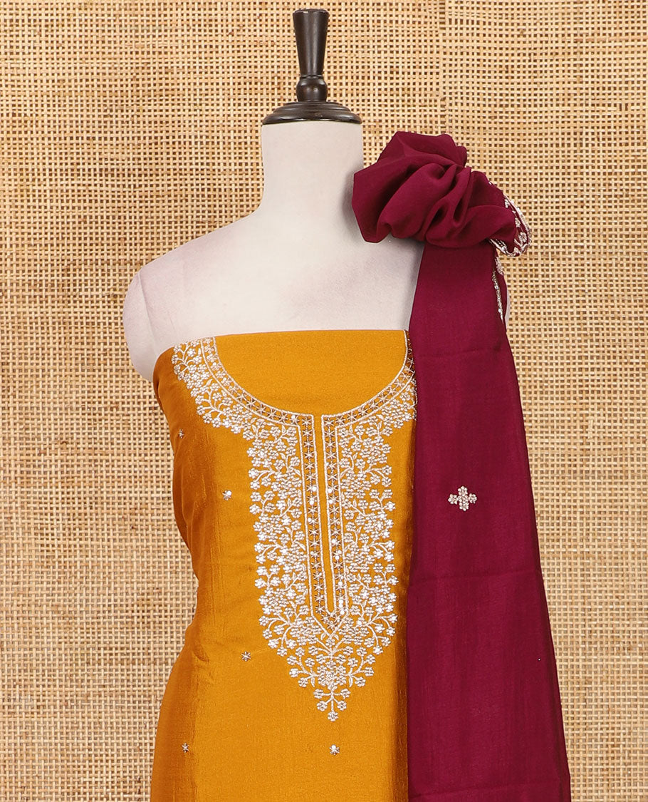 Mustard Vichitra silk material chudidar set, floral design neck embroidered top, santoon bottom & contrast embroidered Vichitra silk dupatta