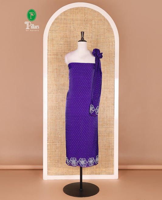 Blue velvet organza material chudidar set, micro stone embedded with floral micro-stone embroidered top, Italian crepe bottom, and micro stone embroidered dupatta
