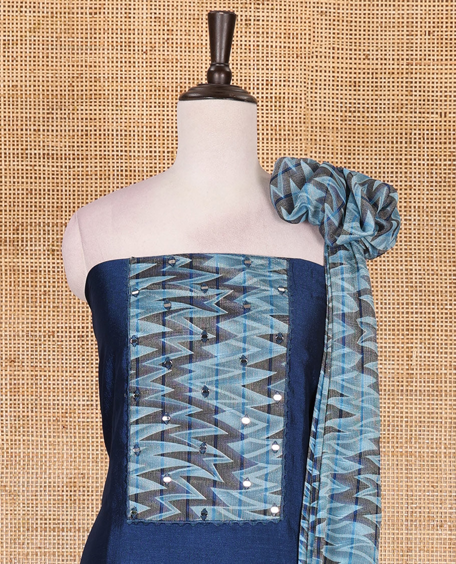Blue Vertican silk material chudidar set, ikkat chevron striped with mirror neck embroidered top, santoon bottom, and contrast chevron striped dupatta