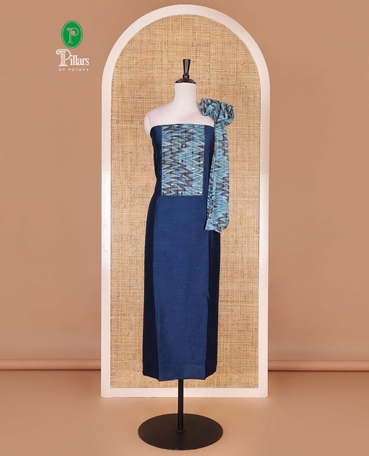 Blue Vertican silk material chudidar set, ikkat chevron striped with mirror neck embroidered top, santoon bottom, and contrast chevron striped dupatta