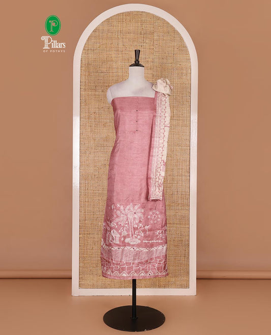 Light peach material churidar set, warli tribe village theme print with mirror work semi-tussar top, plain bottom, and warli tribe village theme print semi-tussar dupatta