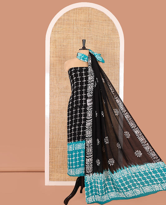 Black and Rama Material Chudidhar Set, Subtly Sparkled with Batik-Style Printed Viscose Georgette Top, Rayon Batik Printed Bottom, and Viscose Georgette Dupatta of Batik Print