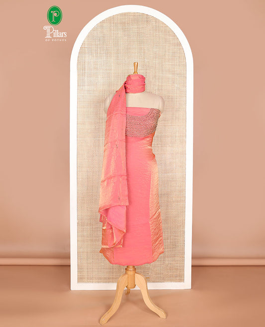 Peach jewllery antique neck handwork fendy organza chudidhar material set with santoon material pants & one side hanwork dupatta