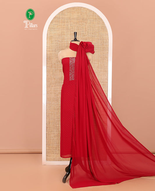Red Material Churidar Set, Dazzled with Micro-Stone Work on Fox Georgette Top, Comes with a Plain Santoon Bottom, and Is Paired with a Fox Georgette Micro-Stone Work Dupatta
