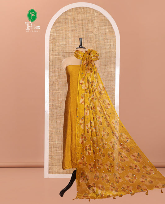 Yellow Material Churidar Set, Subtly Designed with Plain Vichitra Silk Top, Comes with a Plain Santoon Bottom, and Is Paired with a Crushed Chiffon Dupatta of Floral Print and Mirror Work