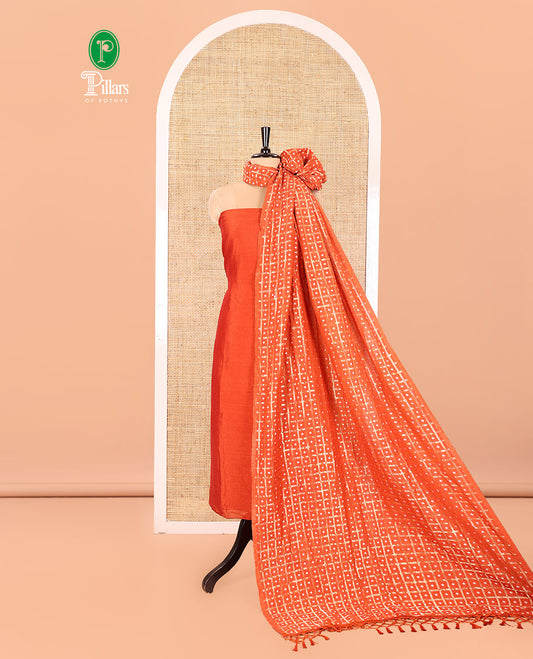 Orange Vichitra Silk Material Churidar Set, Subtly Made Plain Top, a Plain Santoon Bottom, and Paired with a Vichitra Silk Bandhani Dot Enclosed Checked Dupatta