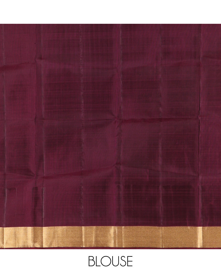Yellow Vasundhara Silk Saree Featuring Floral Zari Buttas and Skrit-Border-Style Contrast Annam Chakram Butta Enclosed Checked Border, Majestically Zari Detailed Pallu, and Paired with a Contrast Blouse