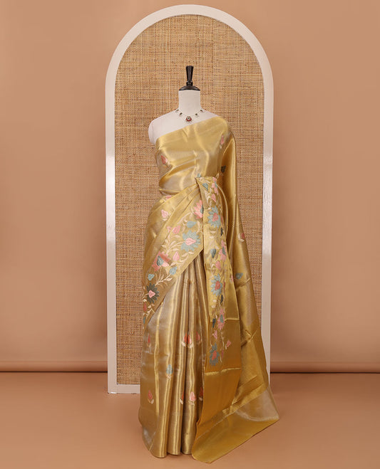 Gold floral embroidery celebrity tissue saree, floral vine multi-color thread embroidered border & embroidery pallu