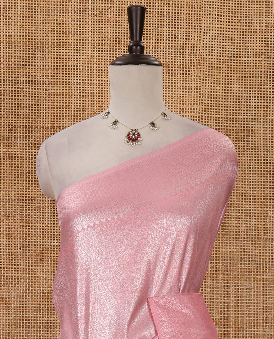 Peach pink mango-design jamdani zari body softy saree, self-traditional zari border, rich pallu & matching blouse