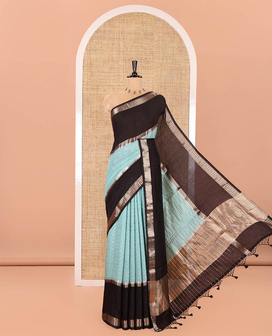 Blue Assam Silk Saree, Delicately Woven with Horizontal Zari Stripes All Over Its Body, Complemented by a Contrast Traditional Zari Design Rettai Pettu Border, Grand Zari Striped Pallu, and Paired with a Contrast Blouse