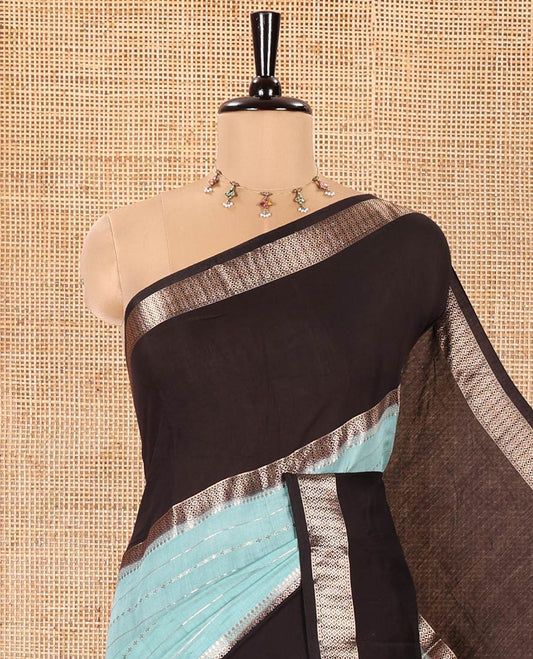Blue Assam Silk Saree, Delicately Woven with Horizontal Zari Stripes All Over Its Body, Complemented by a Contrast Traditional Zari Design Rettai Pettu Border, Grand Zari Striped Pallu, and Paired with a Contrast Blouse