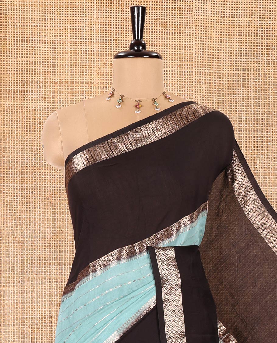 Blue Assam Silk Saree, Delicately Woven with Horizontal Zari Stripes All Over Its Body, Complemented by a Contrast Traditional Zari Design Rettai Pettu Border, Grand Zari Striped Pallu, and Paired with a Contrast Blouse