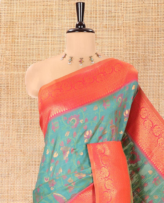 Green Litchi Saree, Delicately Woven with Floral Vine in Resham and Zari Thread Designs, Complemented by Contrast Floral Zari Border, Grand Jaal Design Pallu, and Paired with a Contrast Blouse