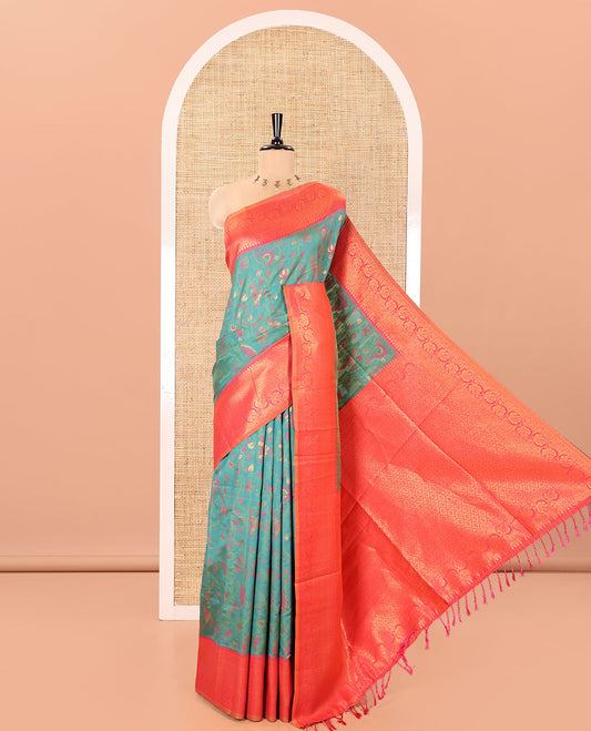 Green Litchi Saree, Delicately Woven with Floral Vine in Resham and Zari Thread Designs, Complemented by Contrast Floral Zari Border, Grand Jaal Design Pallu, and Paired with a Contrast Blouse