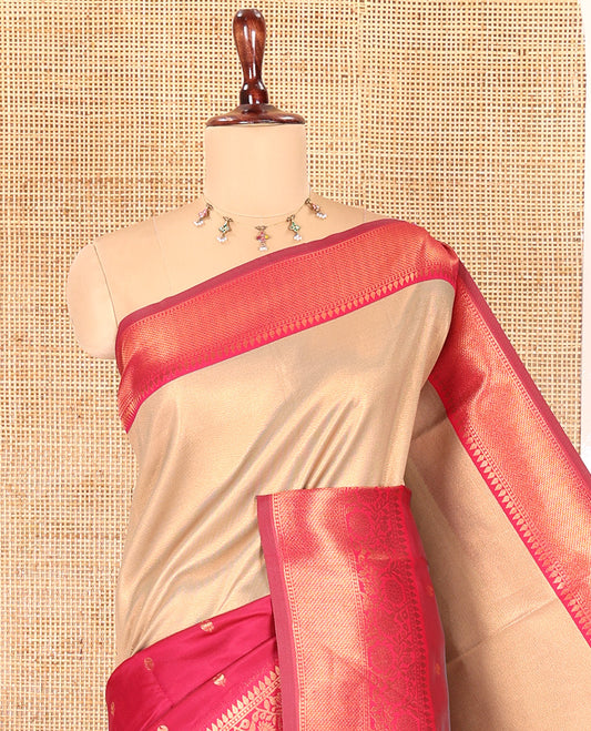 Pink Litchi Saree, Graced with Half-And-Half and Zari Buttas, Contrast Traditional Zari Border, Grand Pallu, and a Contrast Blouse
