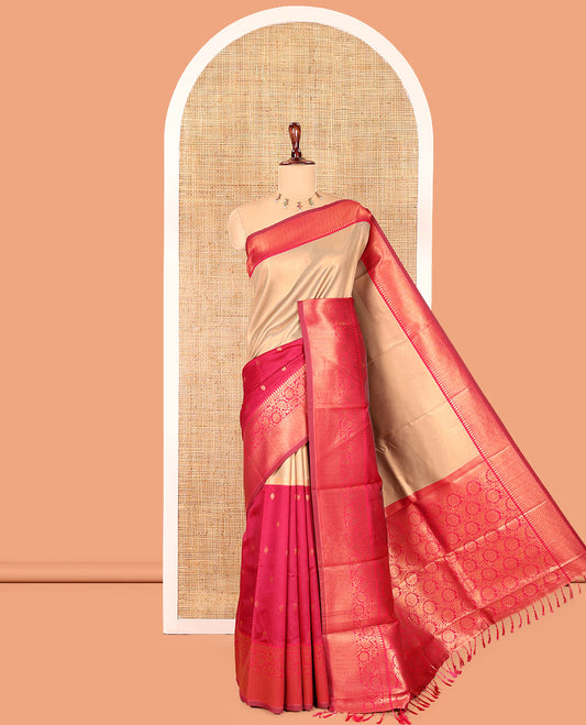 Pink Litchi Saree, Graced with Half-And-Half and Zari Buttas, Contrast Traditional Zari Border, Grand Pallu, and a Contrast Blouse