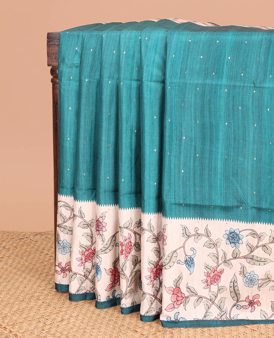 Peacock green zari butta fancy tussar saree with kalamkari style border & kalamkari pallu along with printed blouse