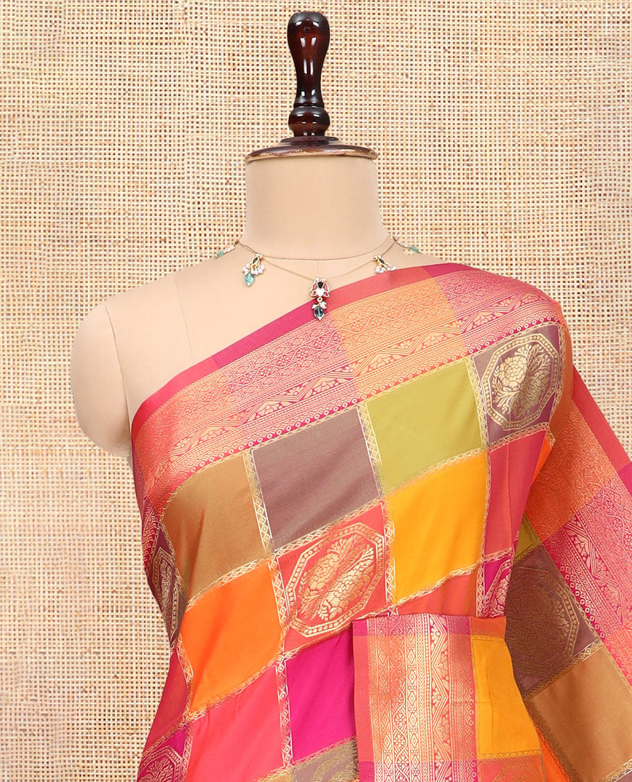 Multi-Color Palum Pazhamum Checked Fancy Soft Silk Saree, Decked Up with Zari Buttas, a Zari Border, Rich Pallu, a Matching Blouse