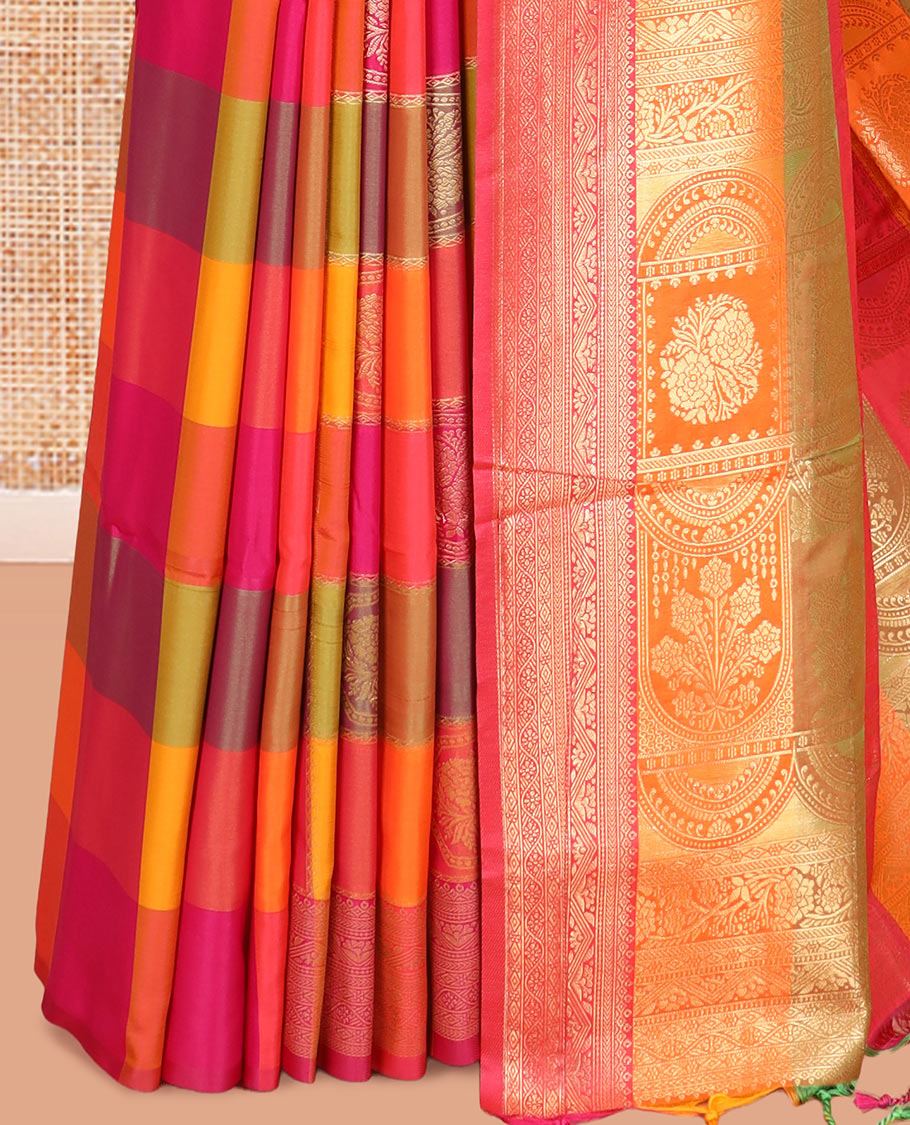 Multi-Color Palum Pazhamum Checked Fancy Soft Silk Saree, Decked Up with Zari Buttas, a Zari Border, Rich Pallu, a Matching Blouse