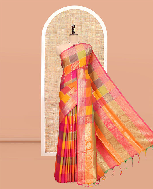 Multi-Color Palum Pazhamum Checked Fancy Soft Silk Saree, Decked Up with Zari Buttas, a Zari Border, Rich Pallu, a Matching Blouse