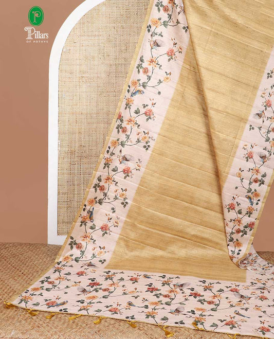 Mustard zari butta fancy tussar saree with bird digital floral design border & digital print pallu along with floral print blouse