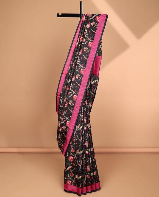 Black floral printed semi banaras saree with contrast border & striped pallu