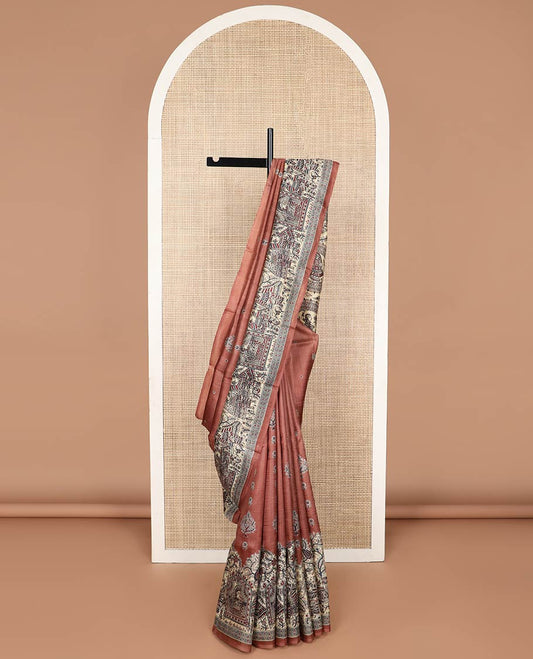 Brown madhubani style printed silk saree with self border & madhubani style design pallu