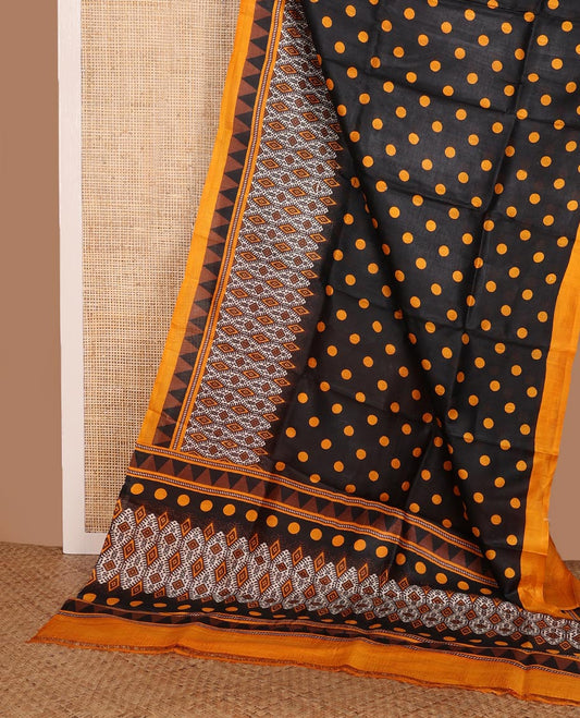 Black polka dots printed silk saree, contrast intricate geometric-style printed border & pallu