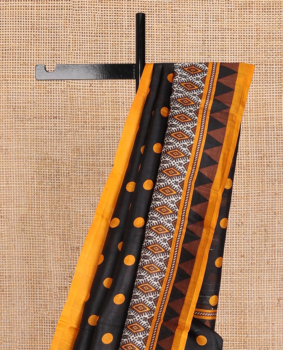 Black polka dots printed silk saree, contrast intricate geometric-style printed border & pallu
