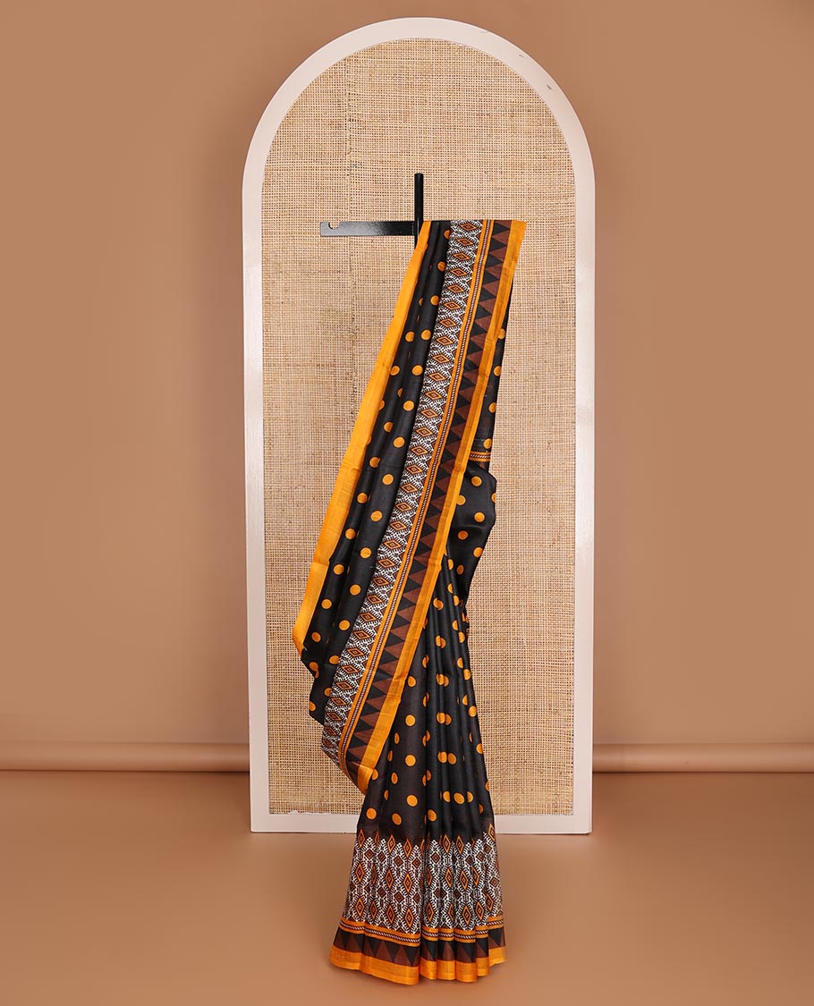 Black polka dots printed silk saree, contrast intricate geometric-style printed border & pallu