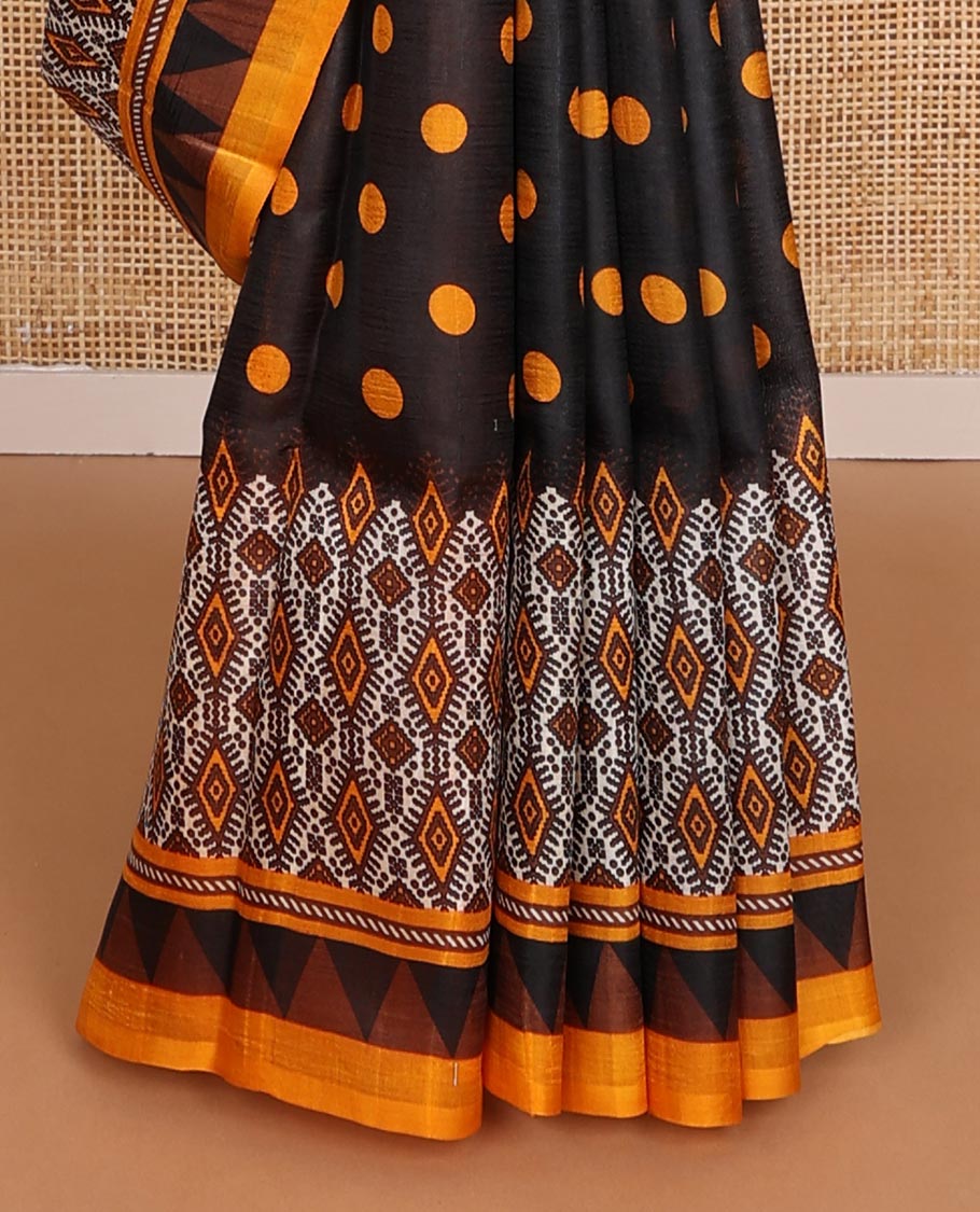 Black polka dots printed silk saree, contrast intricate geometric-style printed border & pallu