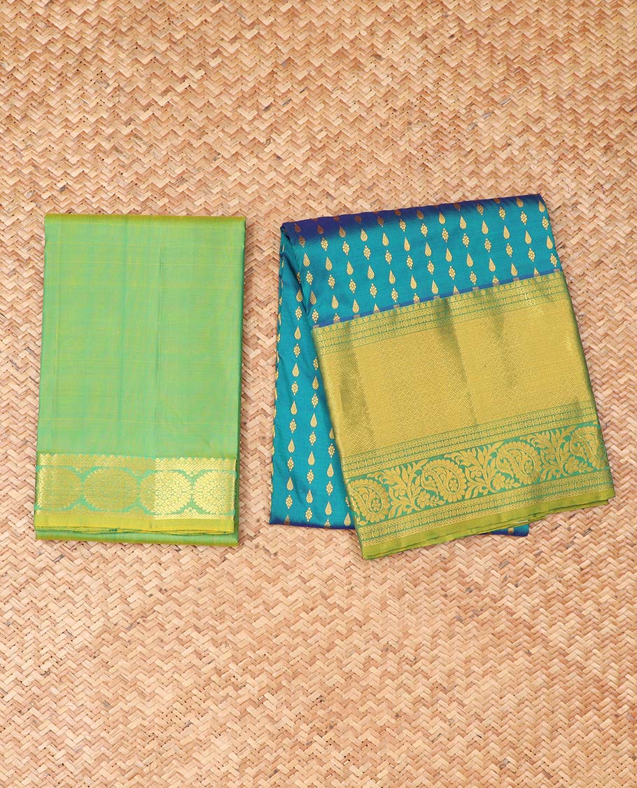 Blue floral buttas pure silk half saree with contrast zari border,  contrast zari design blouse & plain with zari border dhavani