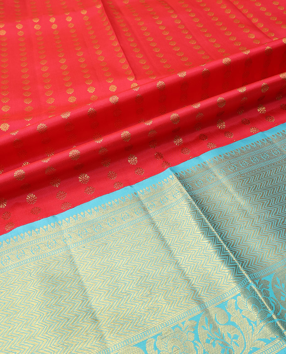 Red pure-silk half saree, zari buttas skirt, contrast border & blouse of thilakam, vanki, floral & Paisley designs & zari design dhavani