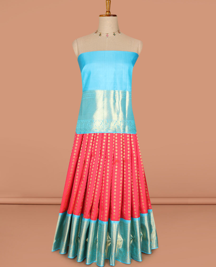 Red pure-silk half saree, zari buttas skirt, contrast border & blouse of thilakam, vanki, floral & Paisley designs & zari design dhavani