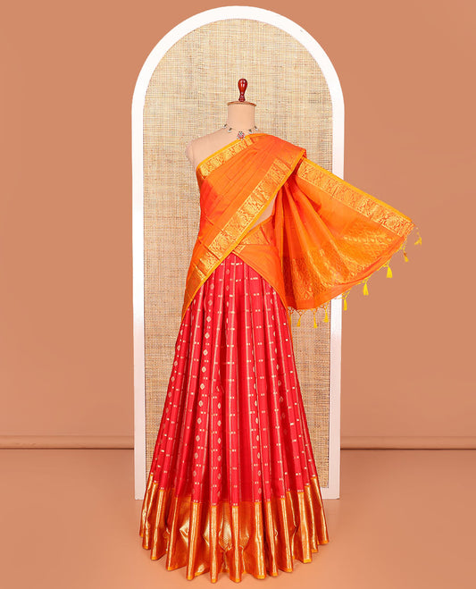 Red zari butta enclosed checked pure-silk half-saree with contrast traditional border of mayil designs, contrast zari bordered blouse, and jaal design dhavani