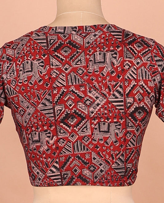 Red elephant and geometric pattern printed front and back leaf neck elbow sleeve cotton readymade blouse