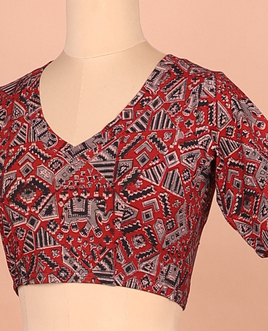 Red elephant and geometric pattern printed front and back leaf neck elbow sleeve cotton readymade blouse