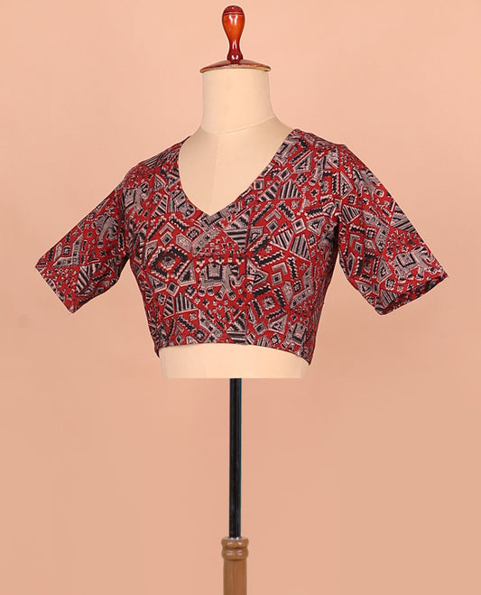 Red elephant and geometric pattern printed front and back leaf neck elbow sleeve cotton readymade blouse