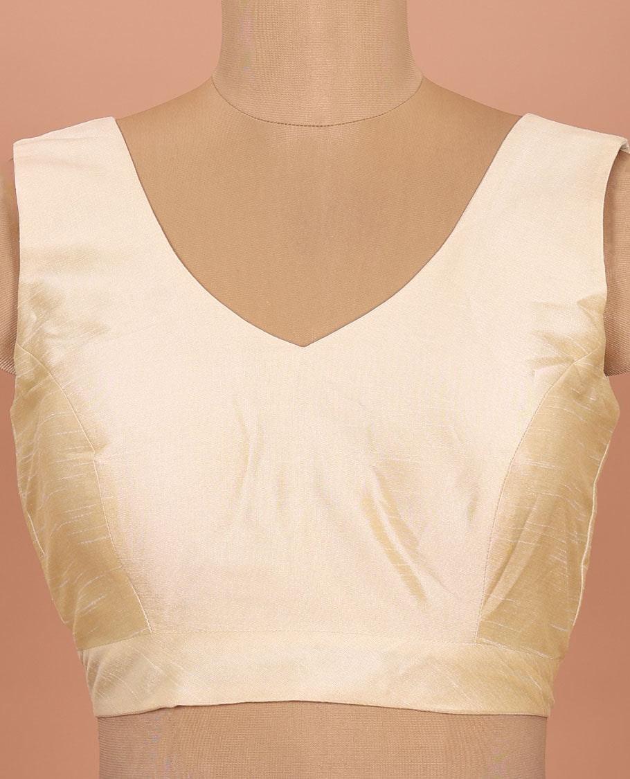 Cream plain front-back V-neck sleeveless readymade blouse