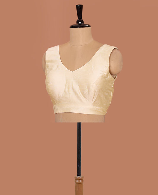 Cream plain front-back V-neck sleeveless readymade blouse