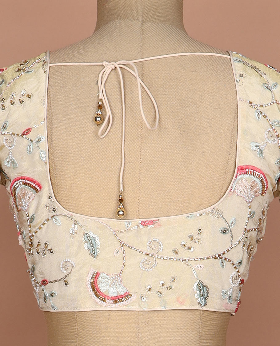 Pale yellow floral vine mixed embroidered round neck elbow sleeve raw silk readymade blouse