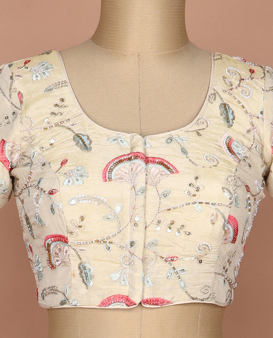 Pale yellow floral vine mixed embroidered round neck elbow sleeve raw silk readymade blouse