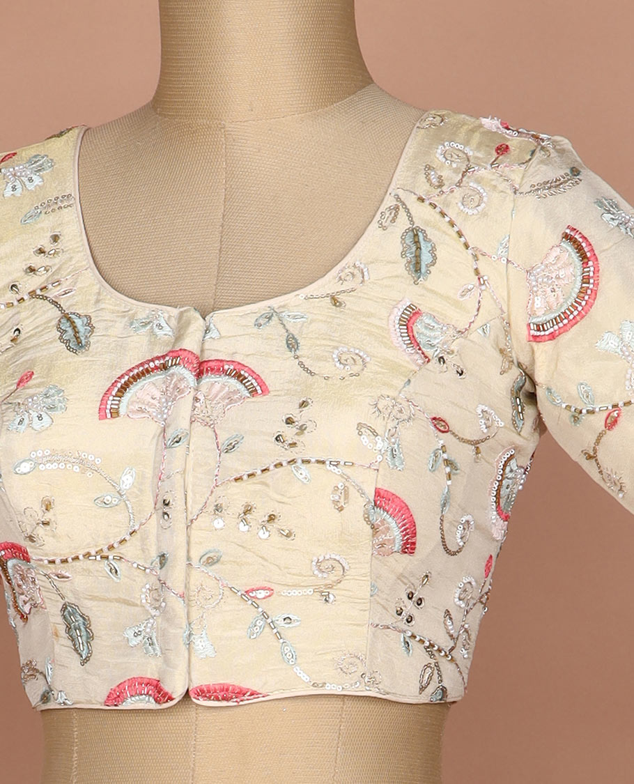 Pale yellow floral vine mixed embroidered round neck elbow sleeve raw silk readymade blouse