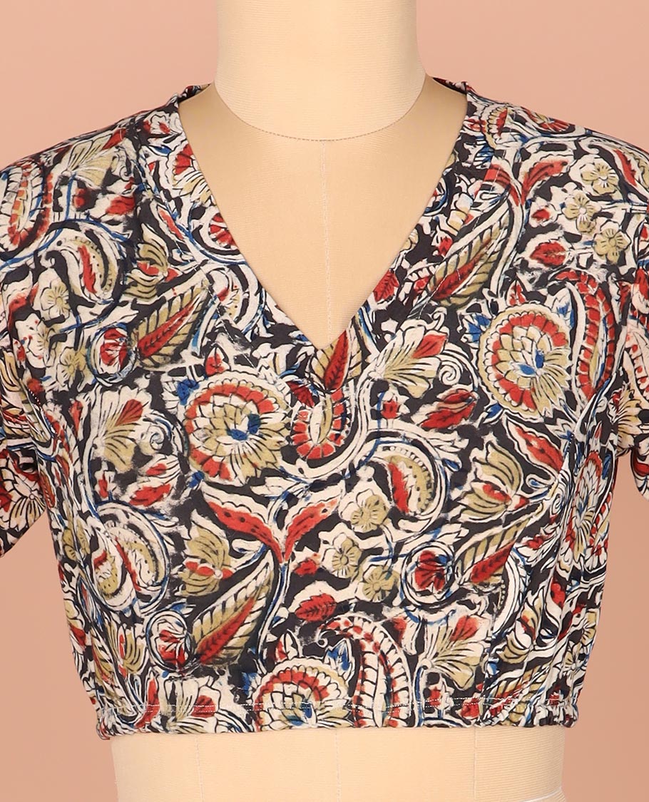 Multi-Color Readymade Blouse Elegantly Printed with Floral-Paisley Vine, Featuring a Front V-Neck, a Back Closed Neck, and Full Sleeves