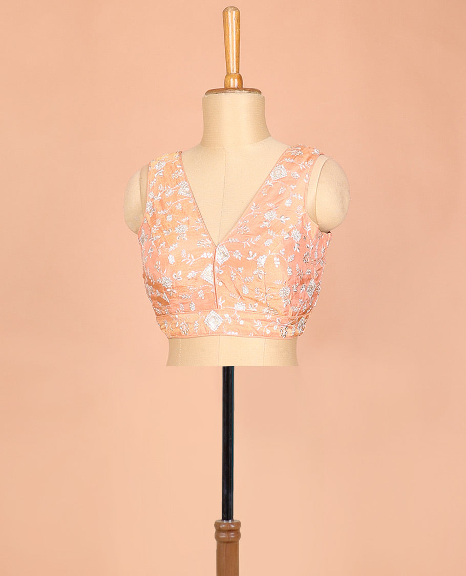Orange floral vine design thread embroidered front and back deep v-neck sleeveless raw-silk readymade blouse
